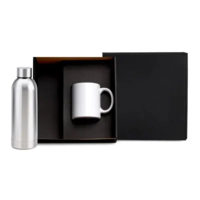 Kit Garrafa e Caneca - Prata e Branco 2 pçs personalizada com logo