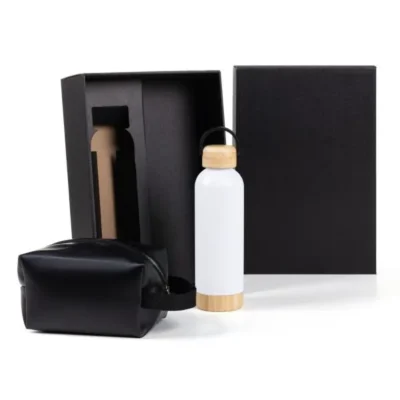 Kit Garrafa e Necessaire - Branco e Preto - 2 pçs personalizada com logo