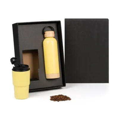 Kit Garrafa Parede Dupla e Copo Térmico - Amarelo - 2 pçs personalizada com logo