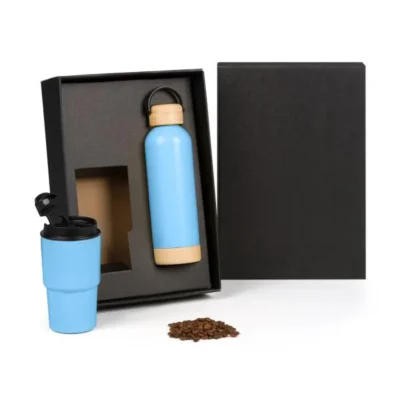 Kit Garrafa Parede Dupla e Copo Térmico - Azul - 2 pçs personalizada com logo