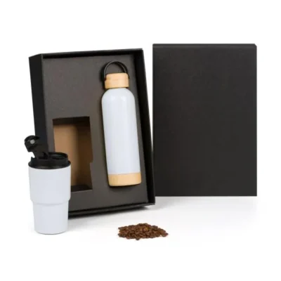 Kit Garrafa Parede Dupla e Copo Térmico - Branco - 2 pçs personalizada com logo