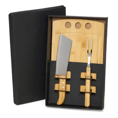 Kit para Churrasco e Cozinha em Bambu e Madeira e Inox