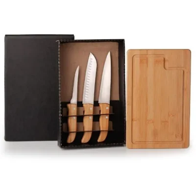 Kit para Churrasco e Cozinha em Bambu e Madeira e Inox - 4 pçs