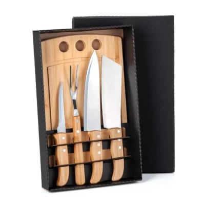 Kit para Churrasco e Cozinha em Bambu e Madeira e Inox