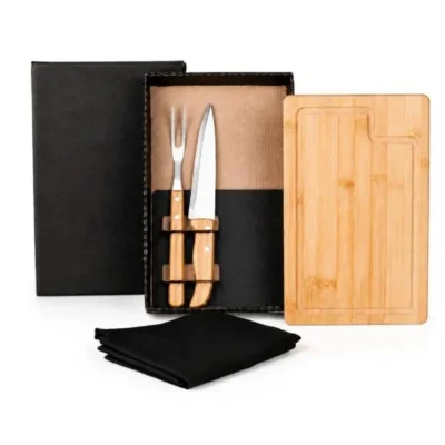 Kit para Churrasco em Bambu e Madeira e Inox avental em Brim preto