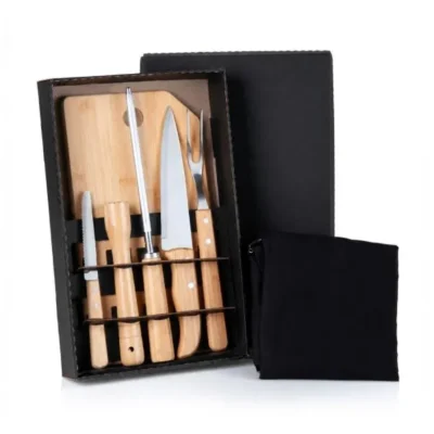 Kit para Churrasco em Bambu e Madeira e Inox Conjunto
