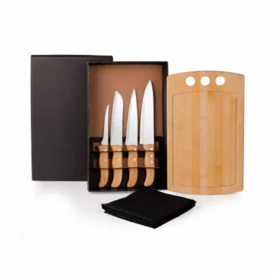 Kit para Cozinha em Bambu e Madeira e Inox com Avental Kit Churrasco