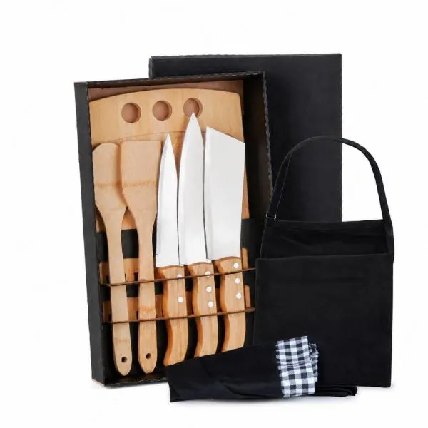 Kit para Cozinha em Bambu e Madeira e Inox com Avental