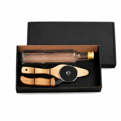 Kit para Pizza com Cortador, Espátula e Garrafa - 3 pçs personalizada com logo