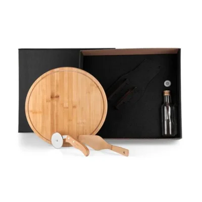 Kit para Pizza com Garrafa - Bambu e Inox e Vidro - 4 pçs personalizada com logo