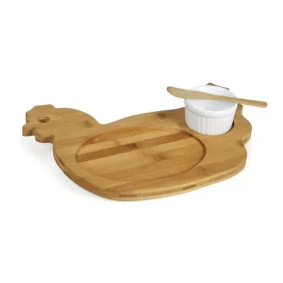 Kit Petisco em Bambu e Porcelana com Tábua Formato Galinha