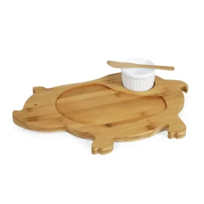 Kit Petisco em Bambu e Porcelana com Tábua Formato Porco