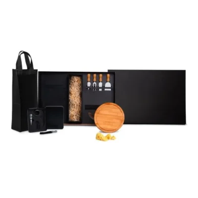 Kit Queijo e Vinho com Espaço para Garrafa - 11 pçs personalizada com logo