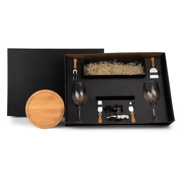Kit Queijo e Vinho com Espaço para Garrafa - 9 pçs personalizada com logo