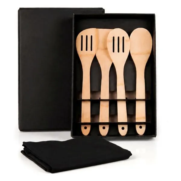 Kit Utensílios em Bambu 30cm com Avental - 5 pçs